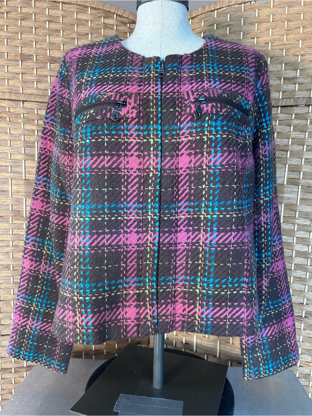 Vintage Boston Design Studio Plaid Zip Front Blazer Colorblock Women’s Size 10